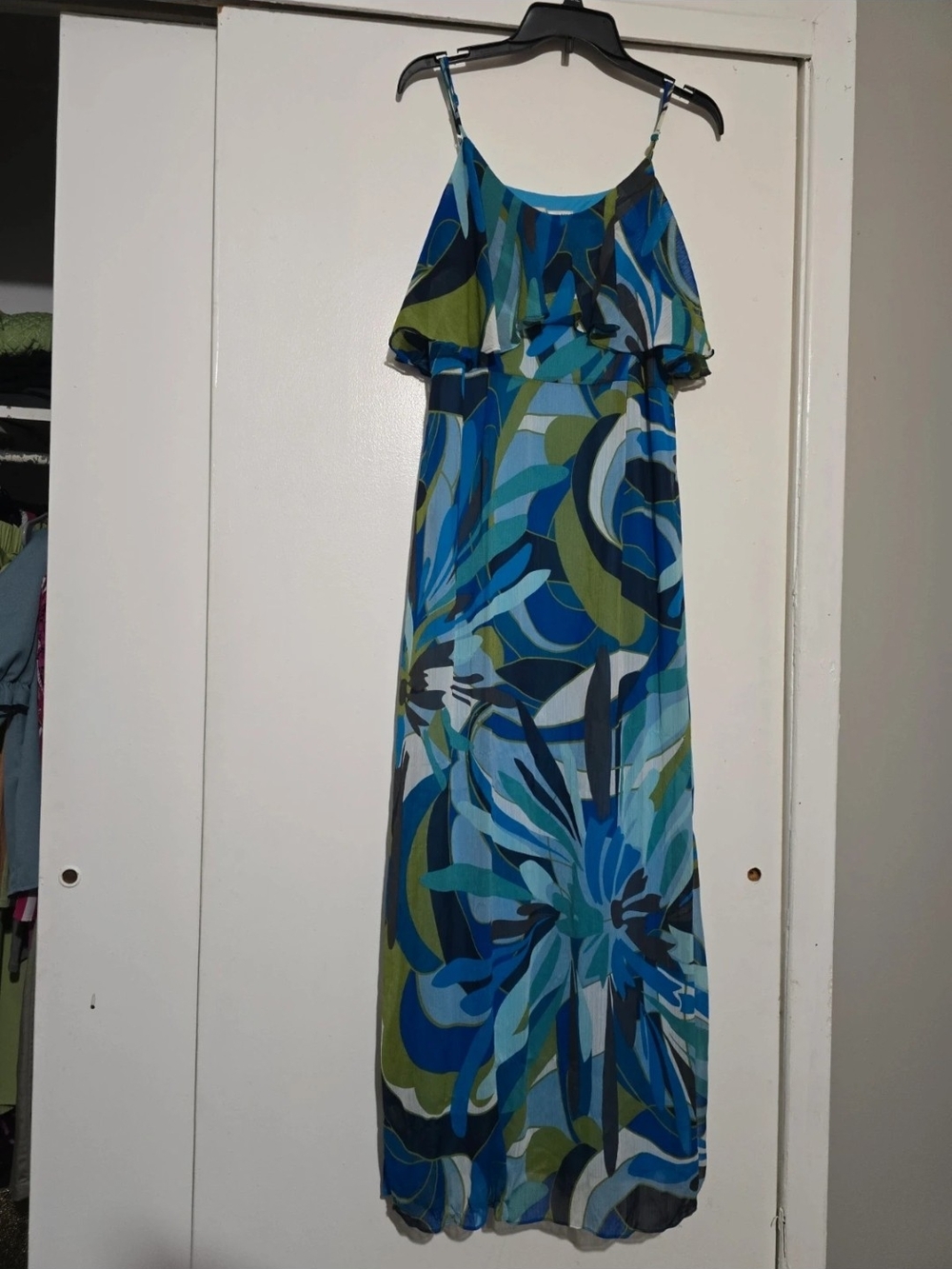 Sandra Darren Blue and Green Abstract Floral Maxi Dress